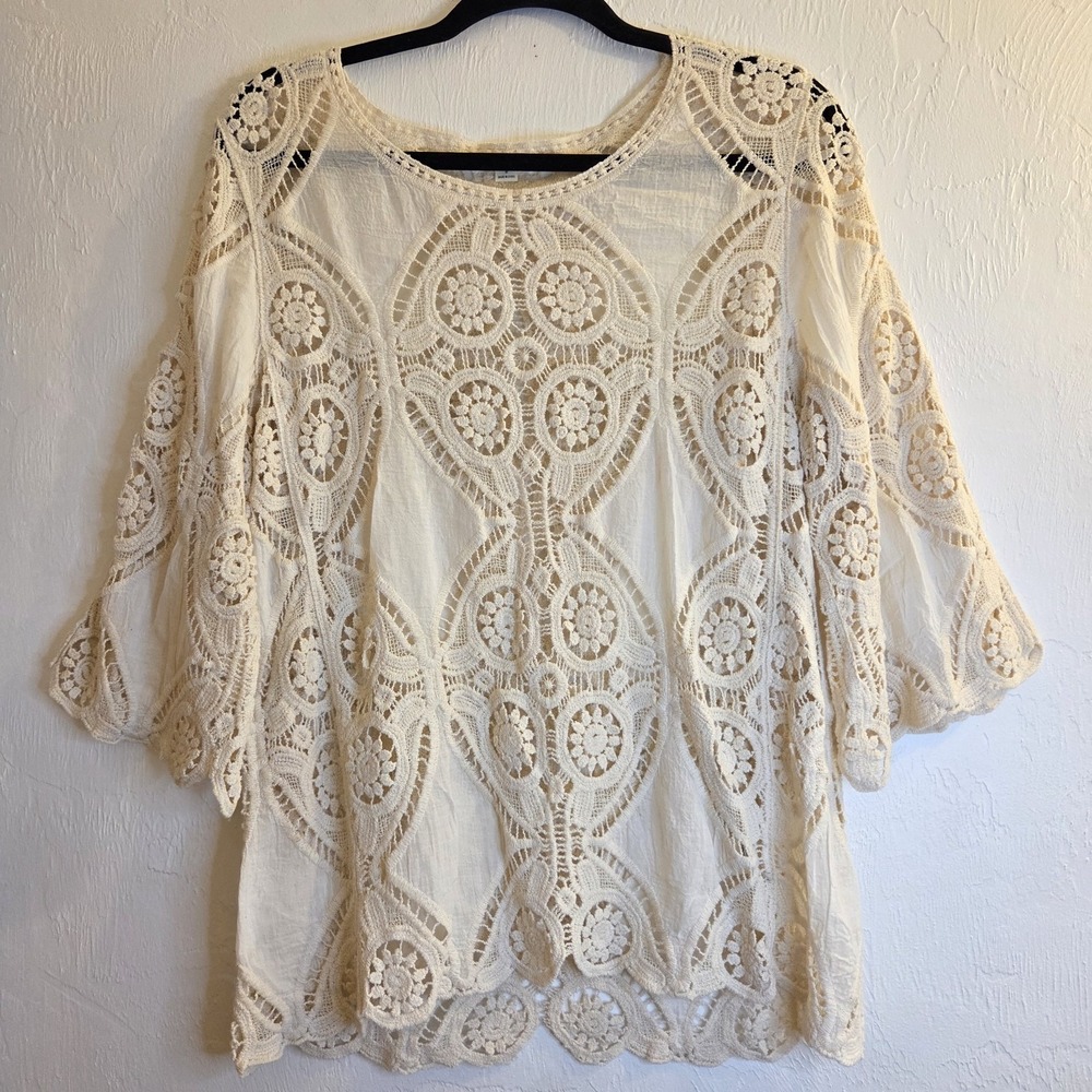 Ultra Pink Womens Medium Cream Knit Lace Crochet Top Boho Cottagecore Coquette
